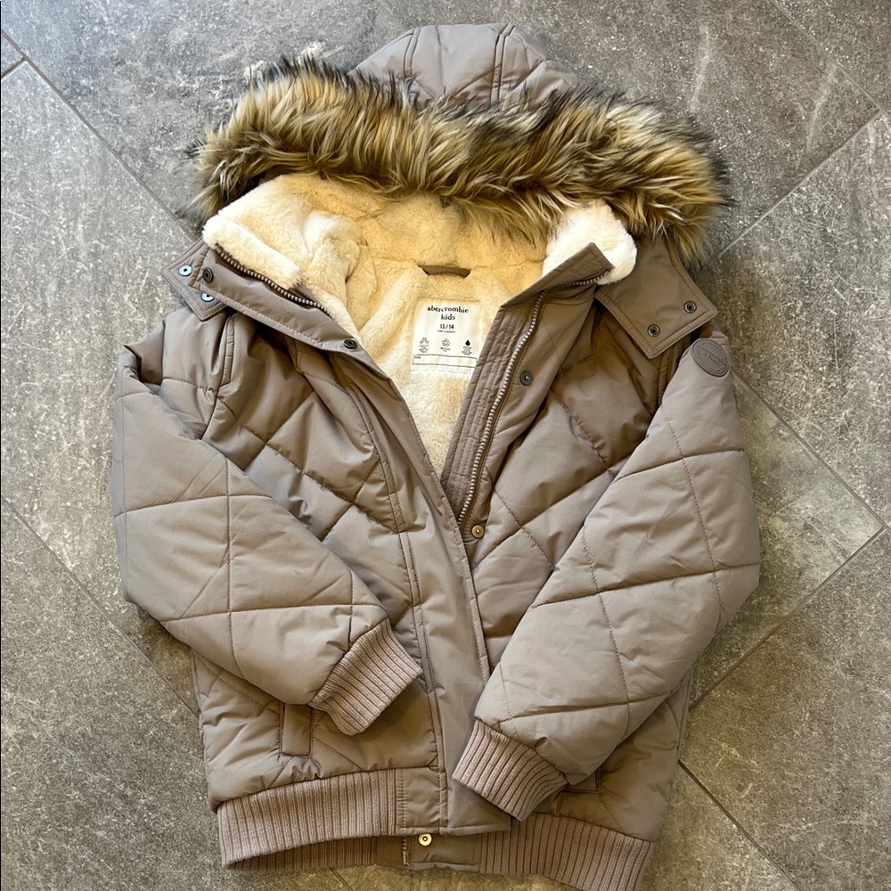 Girls Abercrombie Tan Fur-Lined puffer Jacket